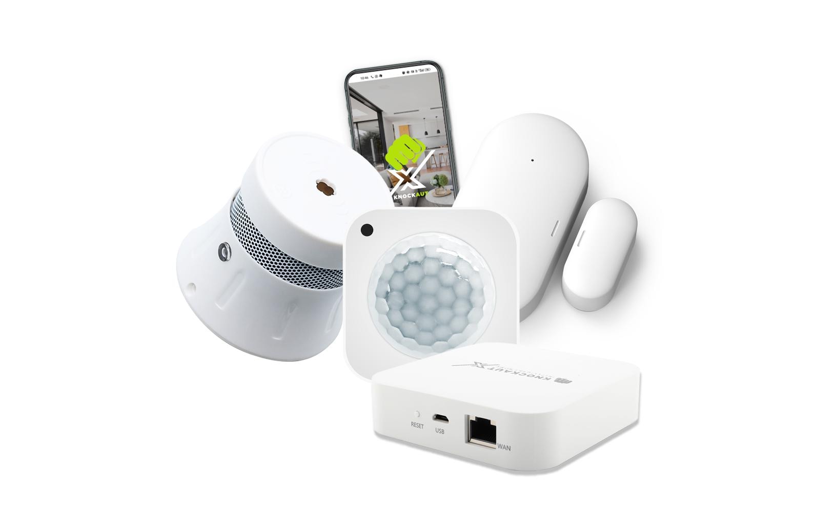 Smart Home Bundle Smarter Alarm<br>Starter-Set zur smarten Alarmierung bestehend aus:1x Bewegungs-/Luxsensor PIR1x Tür-/Fenstersensor1x Rauchwarnmelder1x Master Gateway TWO
