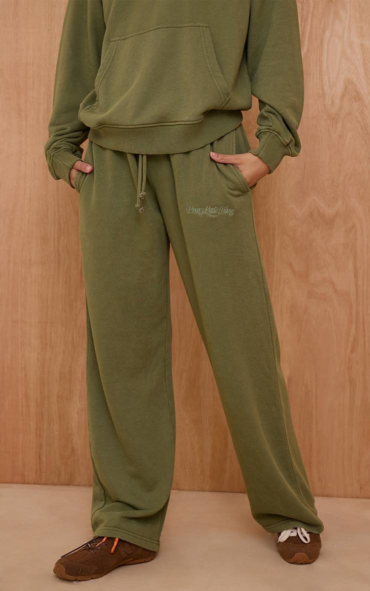 Vert Sauge Jogger Droit Plt En Molleton Délavé À L'acide Avec Broderie