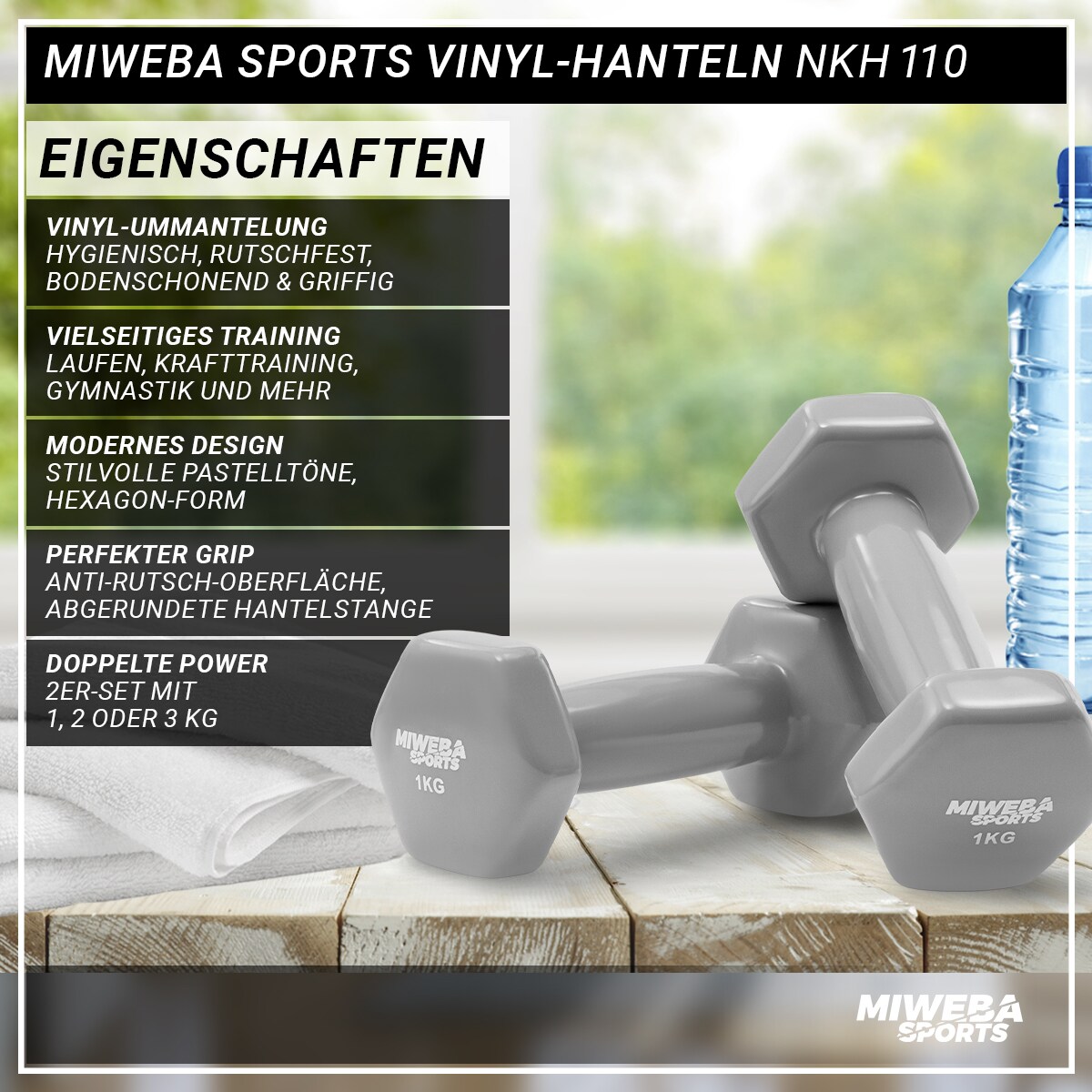 Miweba Sports Vinyl-Hanteln NKH110, Gymnastikhanteln im 2er-Set, 1-3 kg, rutschfest, bodenschonend (Türkis, 2,0 kg)