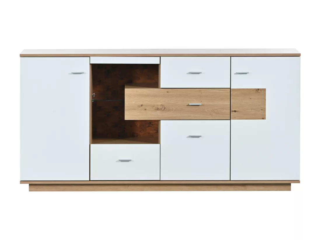 Buffet LED 160x40x77cm, armoire avec 2 portes, 4 tiroirs, étagère en verre, aspect bois meuble de salon armoire polyvalente - blanc