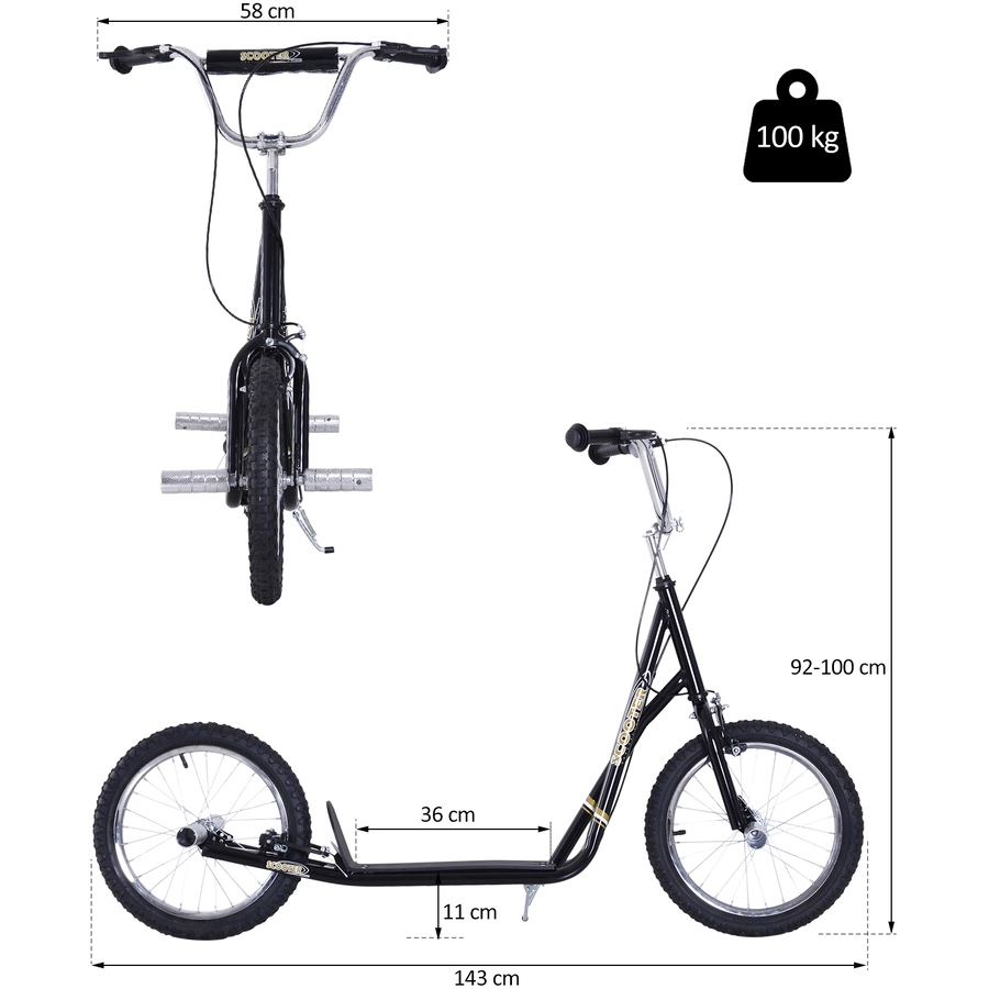 HOMCOM Kinderroller Mit Handbremse, extra dicker Luftbereifung, Höhenverstellbarer Lenker schwarz