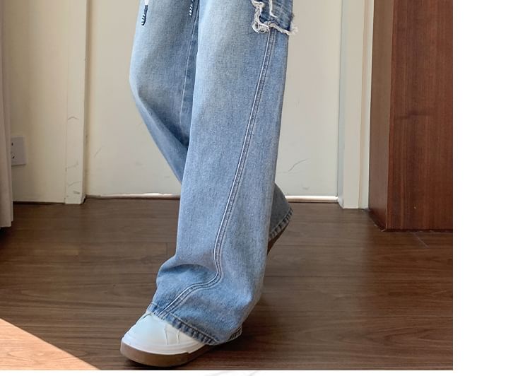 EFO - Elastische taille, gewassen sterrenapplicatie, wijde pijpen jeans