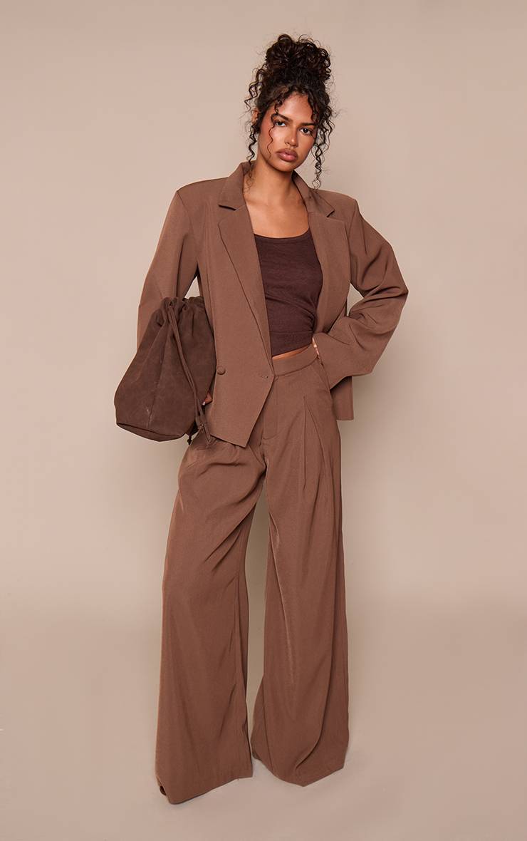 Marron Pantalon Large Plissé Tailleur Champignon Ensemble Coordonné