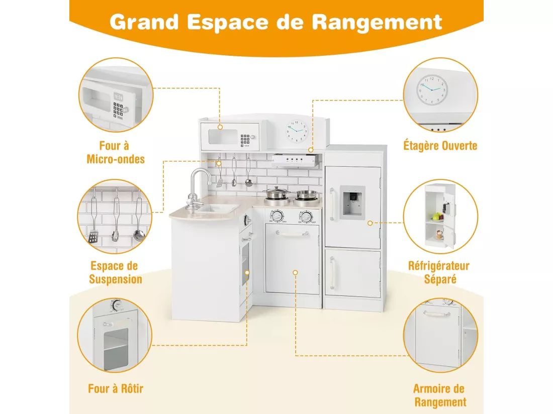 Cuisine d’Angle Enfants avec Réfrigérateur Séparé, Cuisinière de Jeu en Bois avec Distributeur d'eau, Evier, Hotte et Ustensiles, Jouet d’Imitation pour Tout-Petits de 3 Ans+