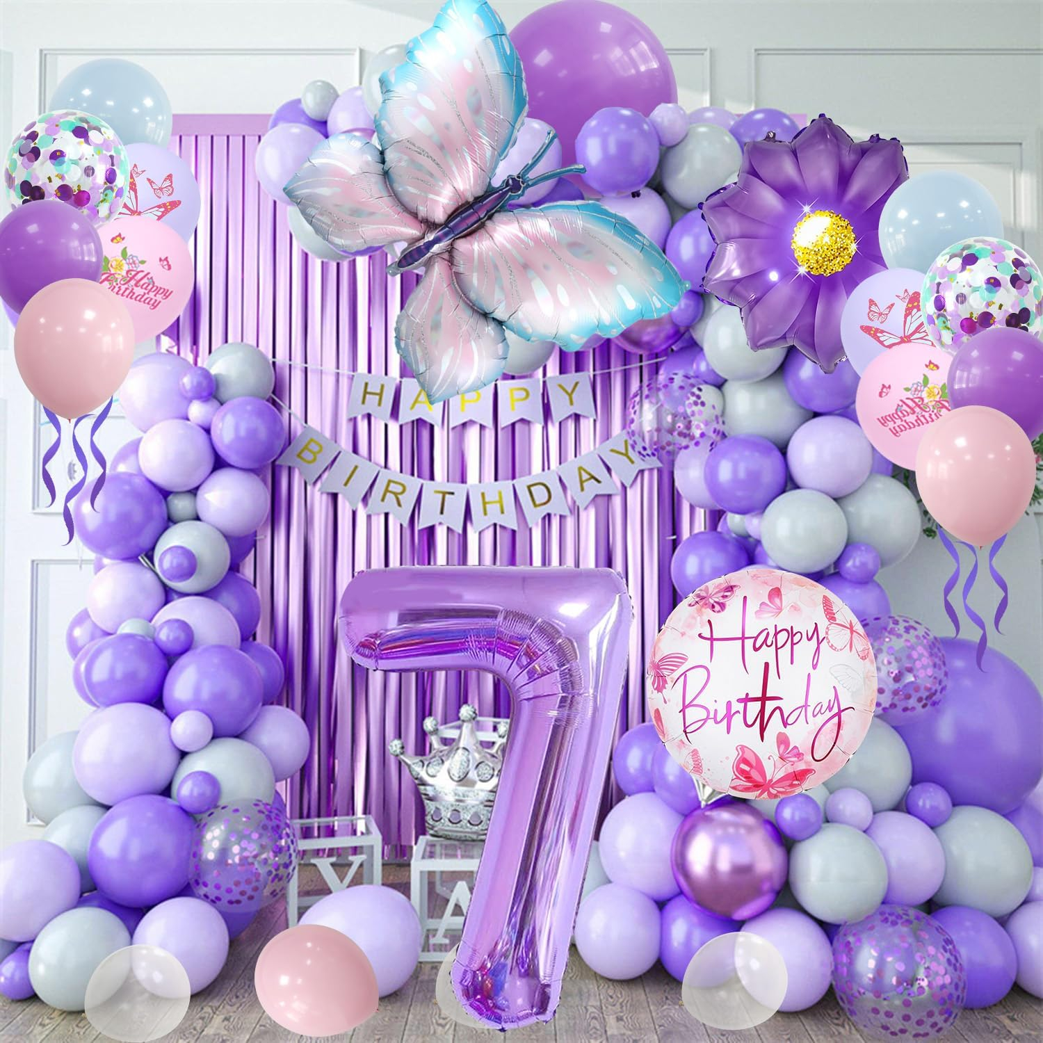 (7-tlg. Set) Zahlen Ballon Kinder Geburtstags Party Folienballon inkl. Latex Luftballons - Zahl 7 / Schmetterling