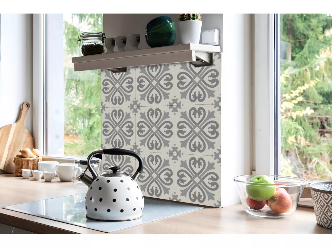 Carreaux autocollants PVC, Carrelage PVC adhésif - 9x30x30 - Motif arabe - gris
