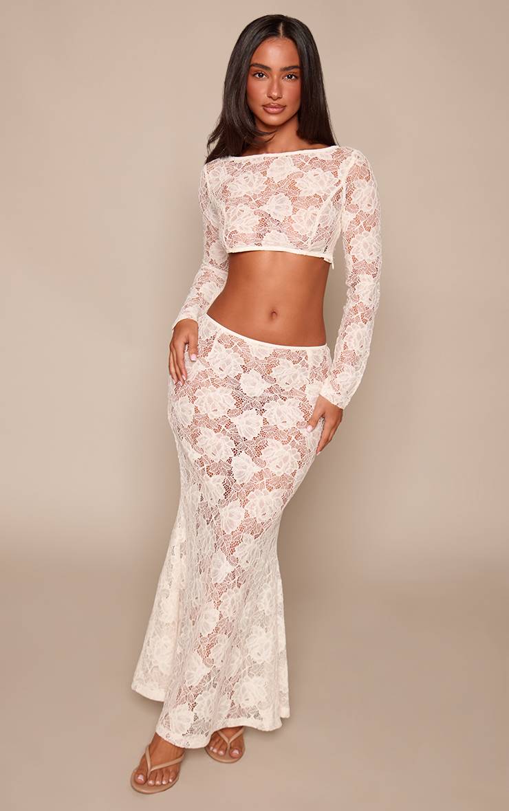 Crème Jupe Longue Transparente En Dentelle Florale Co-ord Petite