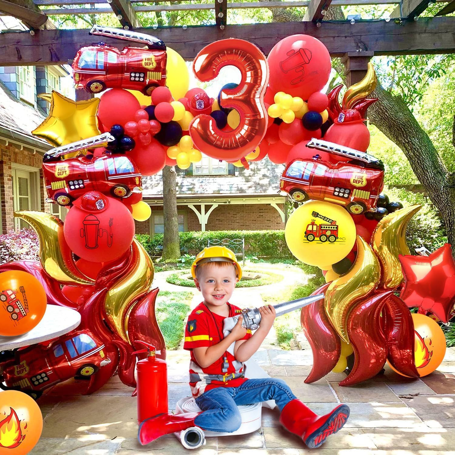 (21-tlg. Set) Zahlen Ballon Kinder Geburtstags Party Folienballon inkl. Latex Luftballons - Zahl 3 / Feuerwehr