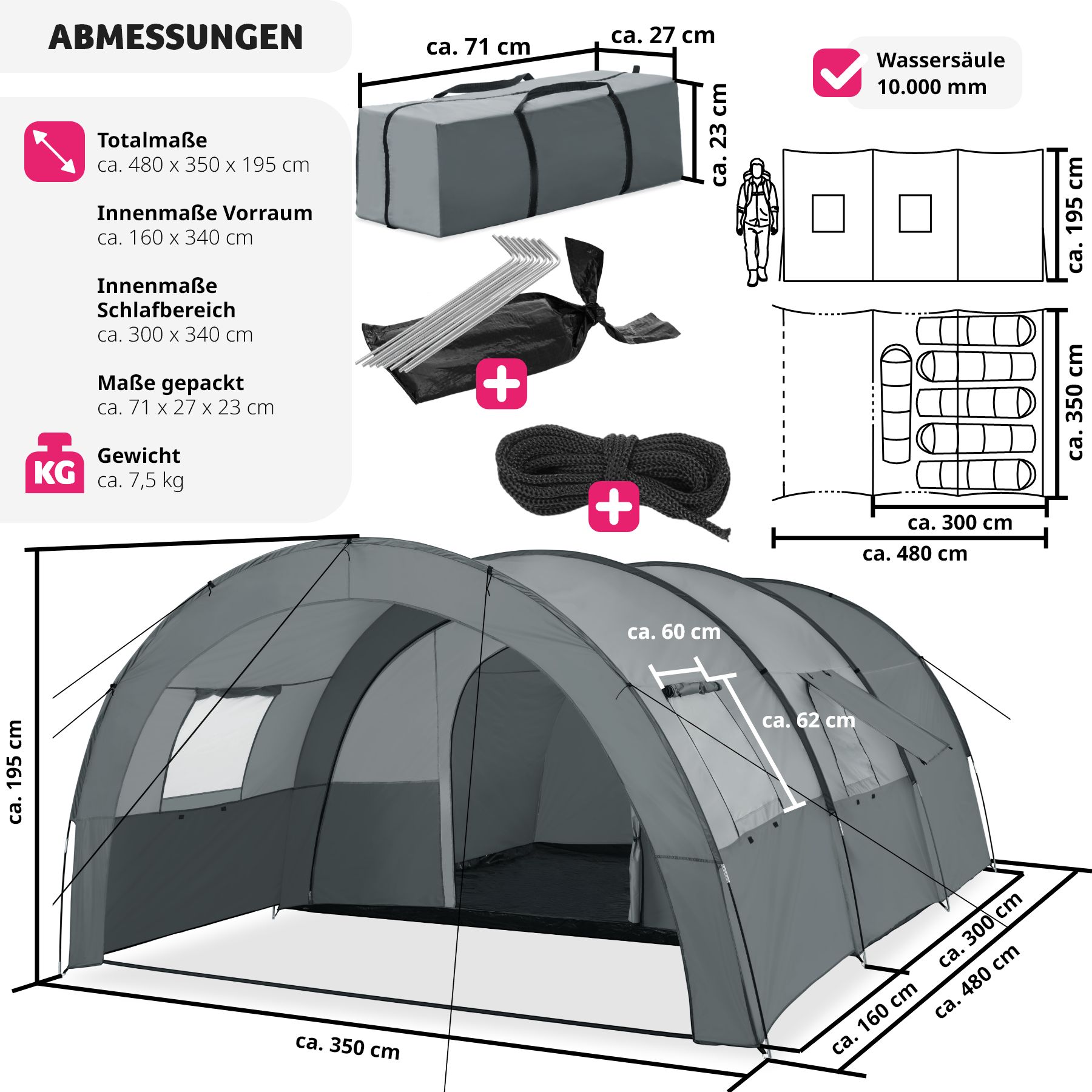 tectake® Tunnelzelt, für 6 Personen, 4 Fenster mit Moskitonetzen, 350 x 480 x 195 cm