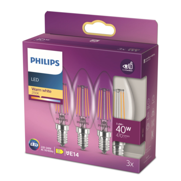 Philips LED kaarslamp transparant E14 40W warmwit licht dimbaar 3 stuks