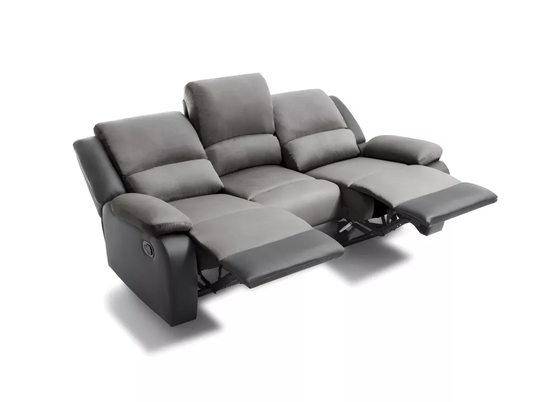 Canapé Relaxation 3 places Microfibre et Simili Léo - Gris et Noir - L193 x 93 x 96cm - Loungitude