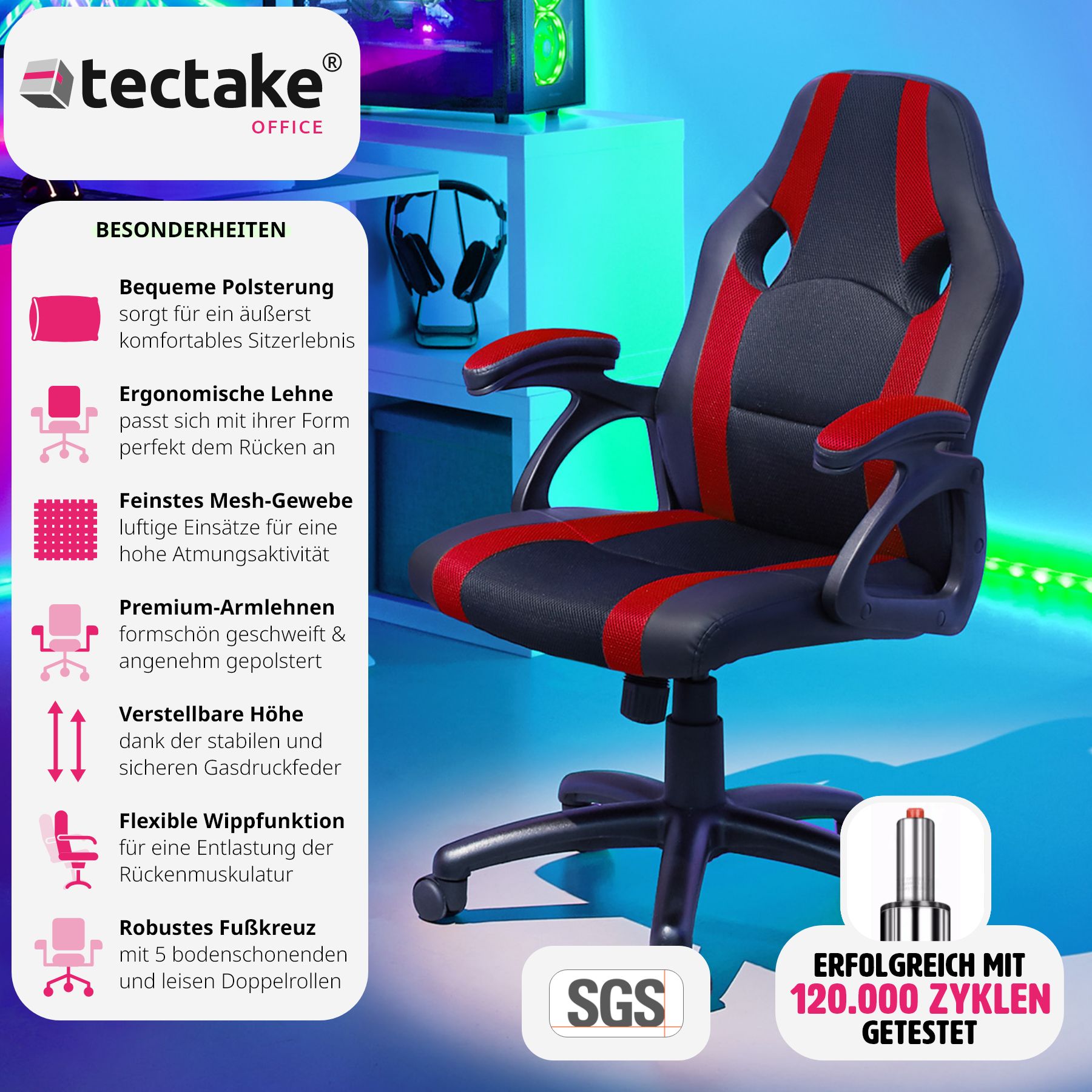 tectake® Bürostuhl, ergonomische Form, Kunstlederbezug mit Mesh-Gewebe, stufenlos höhenverstellbar