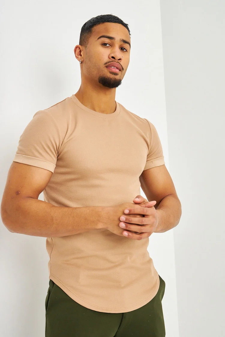 T-shirt côtelé beige foncé manches courtes à revers