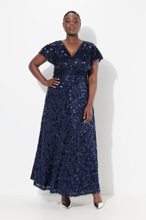 Abendkleid, Pailletten, Fransen, V-Ausschnitt, Halbarm