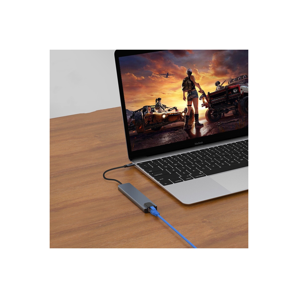 USB-C-hub med 8 uttak for USB, UBC PD, HDMI, RJ45, micro-SD Grå