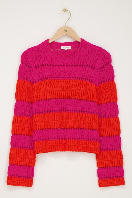 Roze met oranje open gestreepte trui