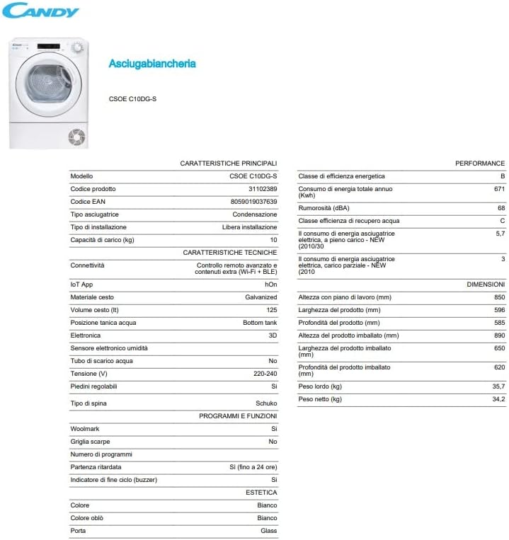 CANDY Sèche linge Condensation CSOEC10DG-S