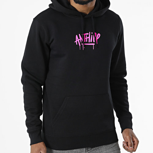 Sweat Capuche Script Noir Rose Fluo