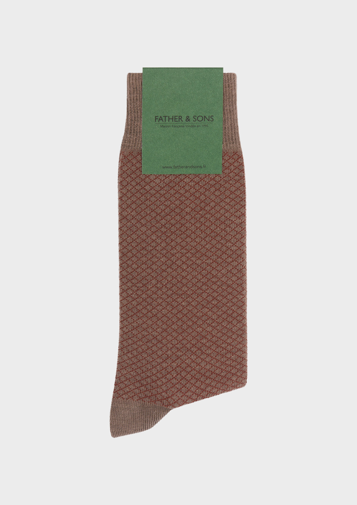 Chaussettes en coton bio mélangé taupe à carreaux brique