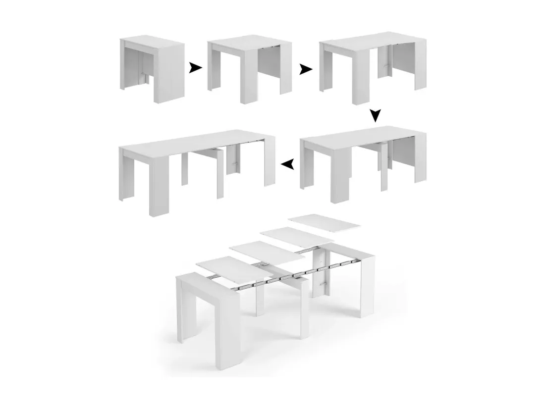 Console Diluna, Table à manger extensible, Table avec rallonges polyvalentes extensible jusqu'à 10 places, 51/237x90h78 cm, Blanc Brillant