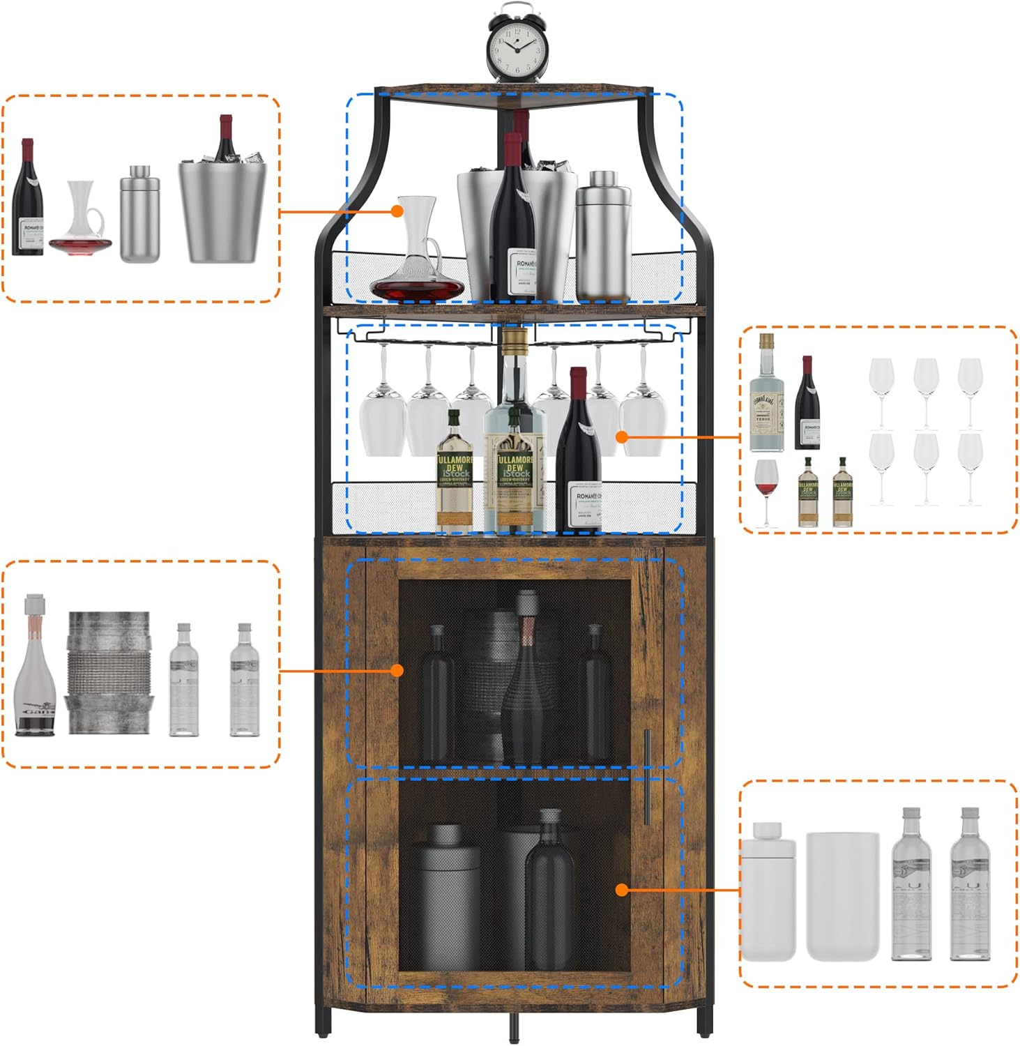 Eck-Weinschrank 154 cm – Bar Schrank Im Industrial Design Mit Glashalter, Gittertür & Verstellbaren Regalen – Platzsparender Eck-Barschrank Für Wohnzimmer, Küche & Esszimmer,Vintage-Farbe