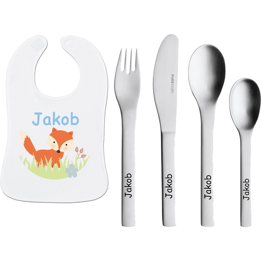 Schnullireich Geschenkset mit Namen ONEMini: Puresigns Kinderbesteck + Lätzchen Fuchs Silber