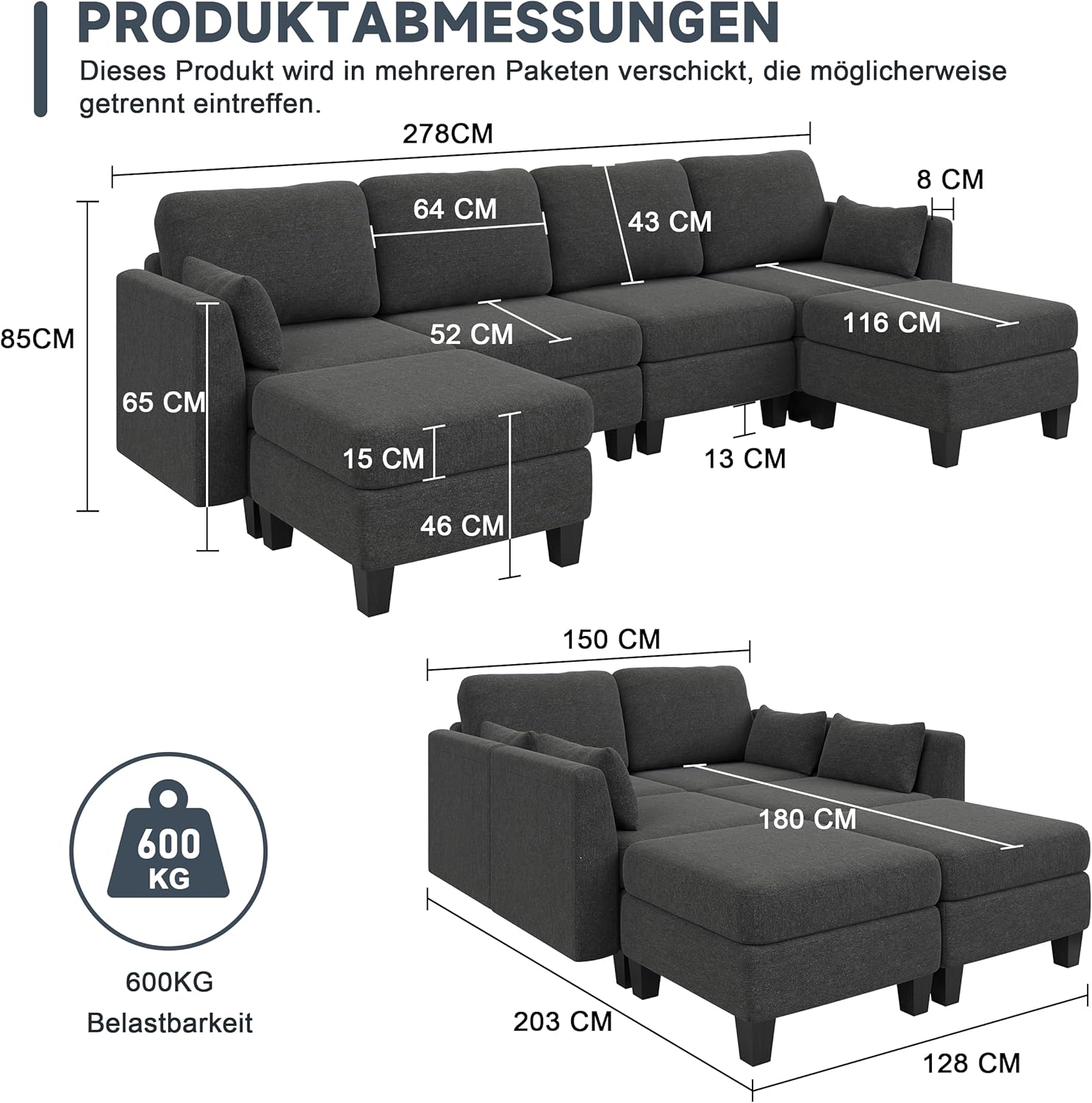 U-Form Modulares Ecksofa mit schlaffunktion,Moderner Schlafsofa aus Stoff，umwandelbarer Sofa mit Hochdicht-Memory-Schaum, bequemer 6-Sitzer Modulares Eckcouch für den Wohnzimmer, Dunkelgrau