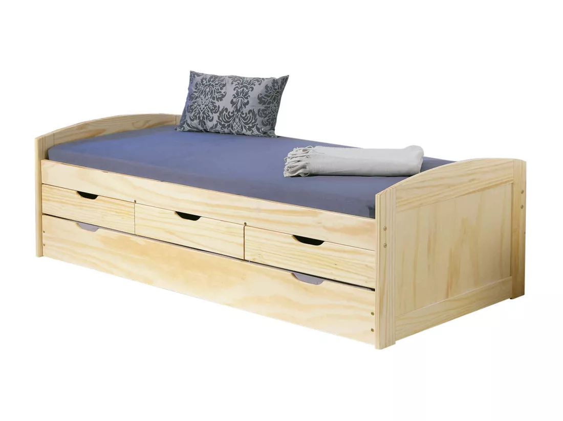 Lit gigogne 3 tiroirs en bois massif imitation chêne clair 90x200 - LT12006