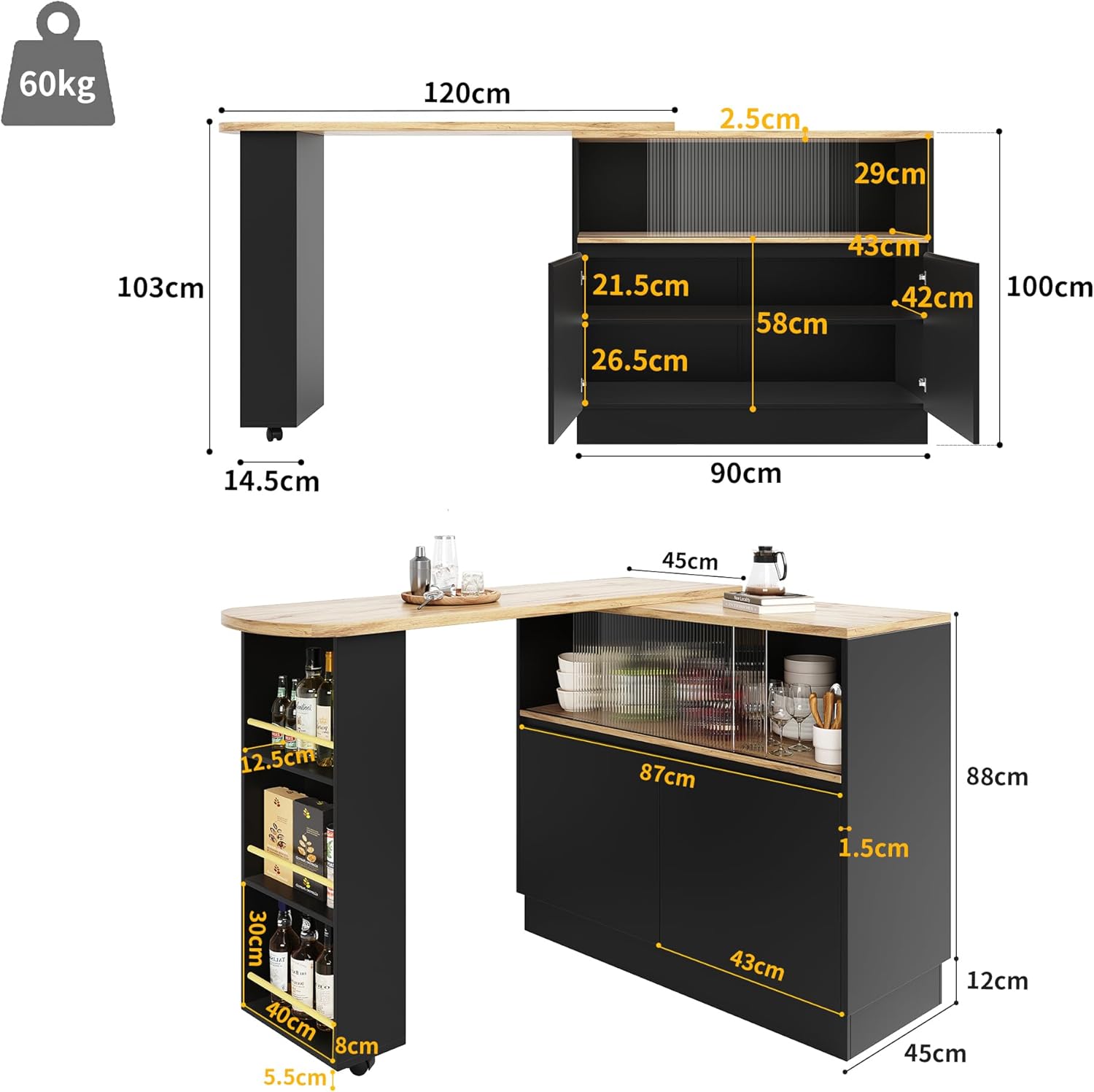 Azkoeesy Bartisch Esstisch 360° drehbare mit Stauraum, 90 x 45 x 100-165 cm, mit Rollen, Seitenregal, Schiebetüren aus Glas, Stehtisch/Bistrotisch/Hochtisch/Kücheninsel, schwarz