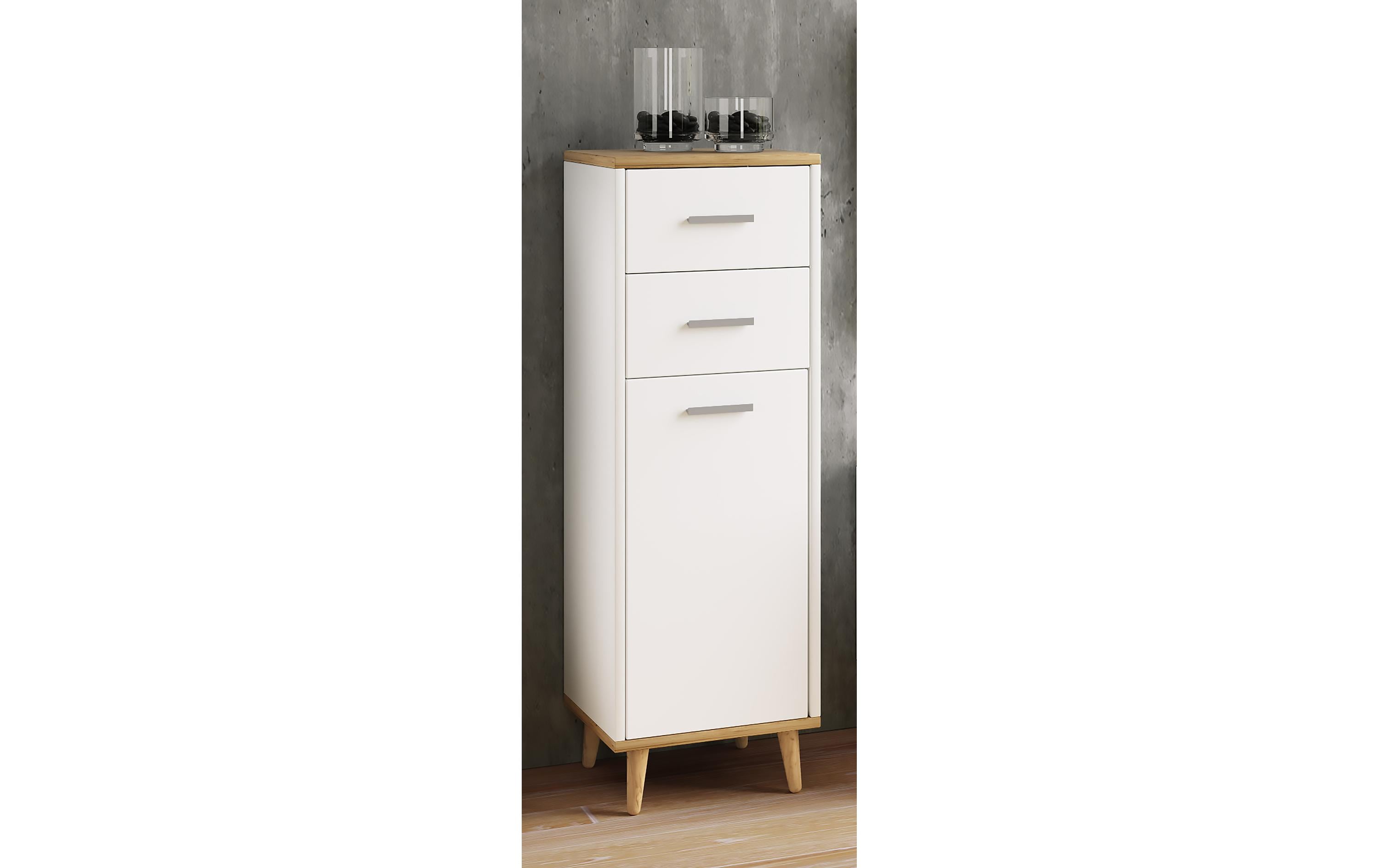 Badezimmerregal Landos Midi 32 x 97 cm, Weiss/Honig-EicheModerner Badezimmerschrank