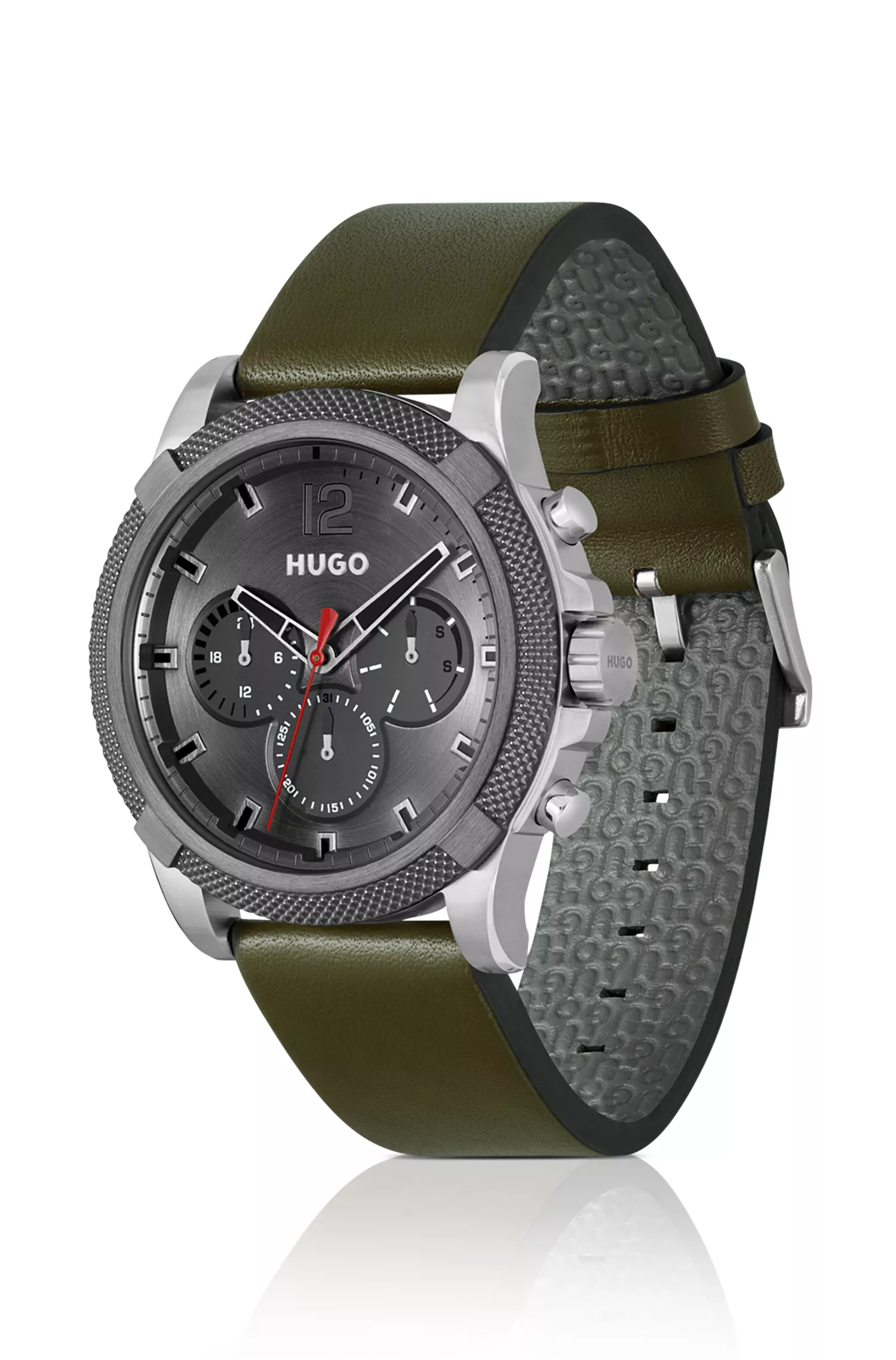 Relógio HUGO Red-Multi-eye com pulseira de couro verde-oliva
