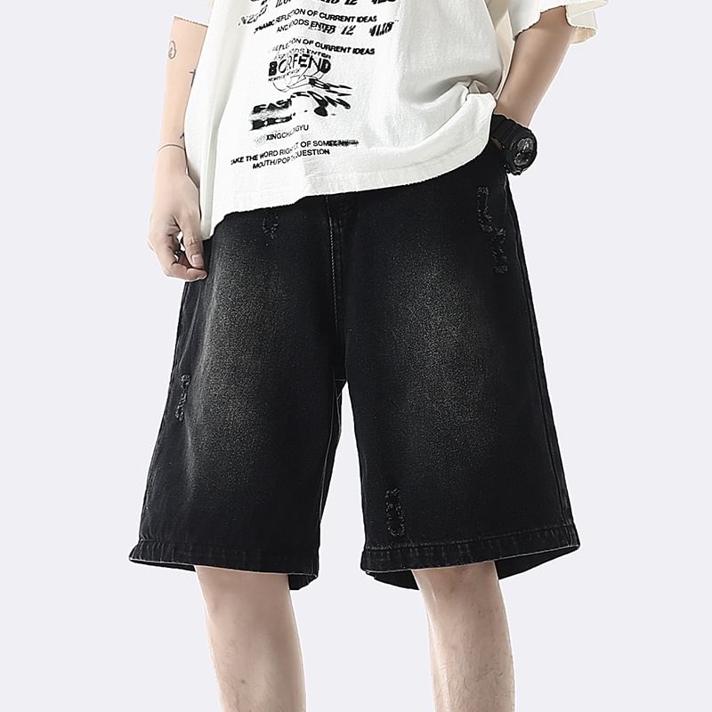 Derbundy - Mid Rise Distressed Washed Denim Shorts