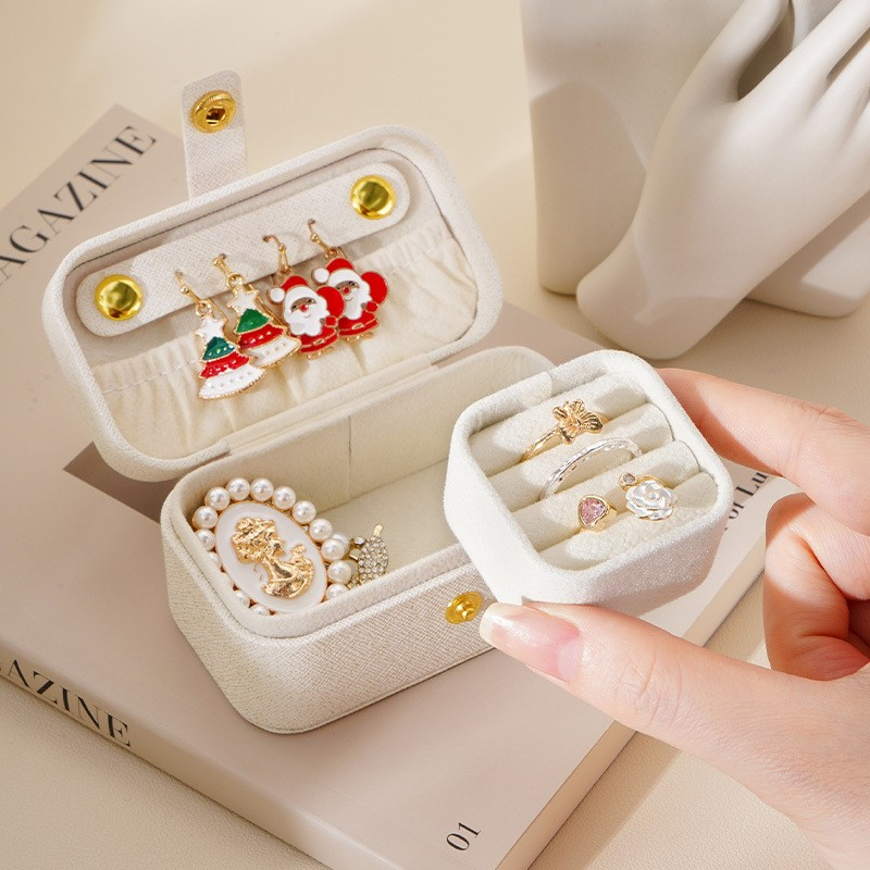 Mini Leder Schmuckschatulle Reise Aufbewahrungsbox Organizer für Ringe / Halsketten / Ohrringe - Weiss