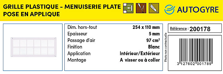 Grille d'aération PVC Autogyre extra-plate avec moustiquaire blanche 251 x 108 mm