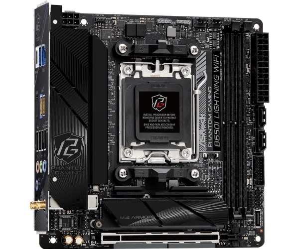 ASRock Phantom Gaming B650I Lightning WiFi - Bundkort - mini ITX - Socket AM5 - AMD B650 Chipset - USB-C 3.2 Gen2, USB-C 3.2 Gen 1, USB 3.2 Gen 2, USB 3.2 Gen 1 - 2.5 Gigabit LAN, Wi-Fi 6E, Bluetooth - onboard grafik (CPU påkrævet) - HD Audio (8-kana