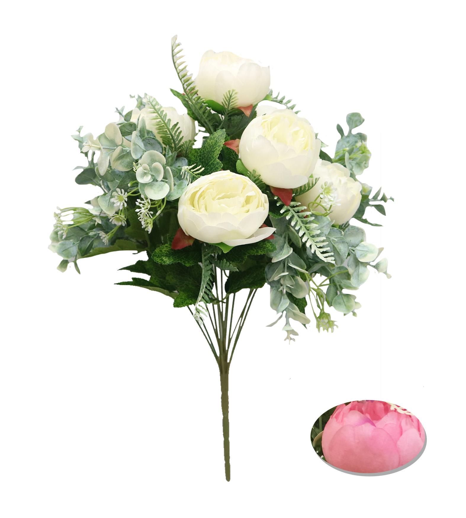 BOUQUET 7 PIVOINES ET FEUILLAGE H.50CM ROSE ET CREME