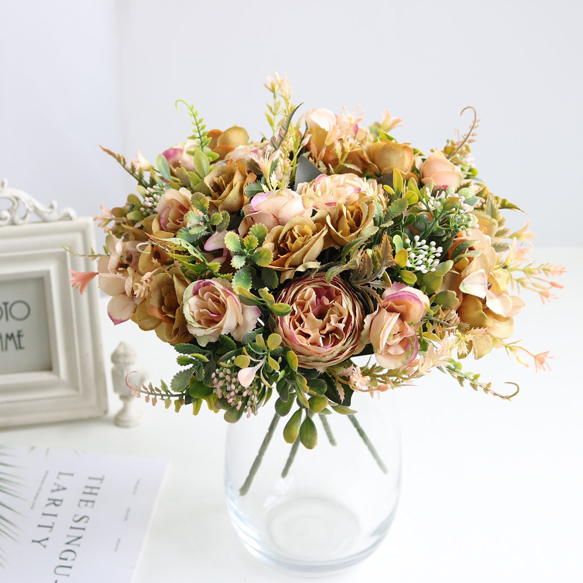 (30cm) Deko Kunstblumen Pfingstrosen Blumenstrauss - Rosa / Gelb