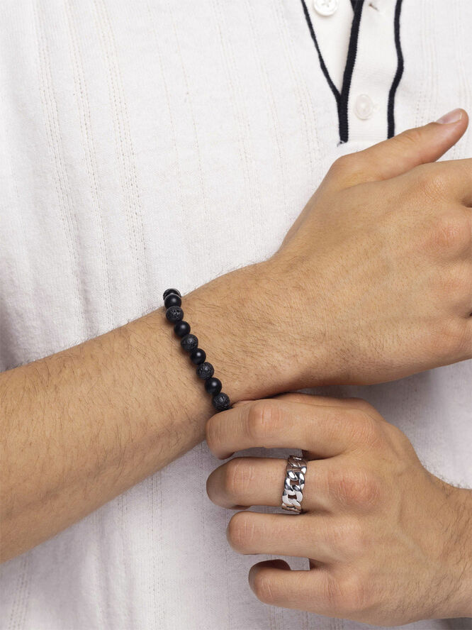 Nialaya Men's Wristband with Lava Stone, Matte Onyx and Black Logo B Black