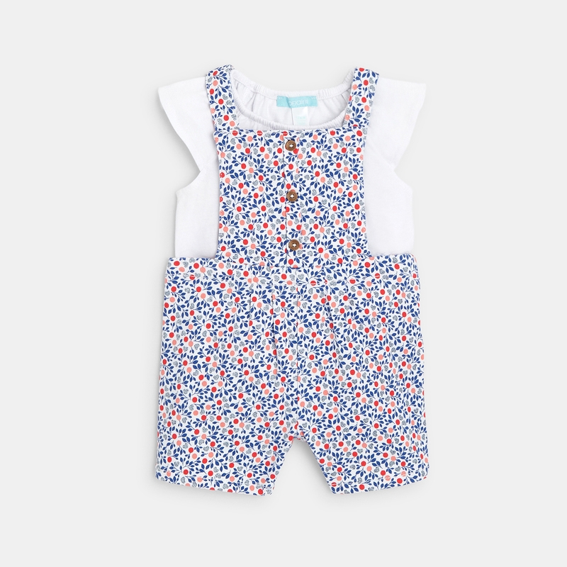 Salopette courte fleurie et blouse rouge bébé fille