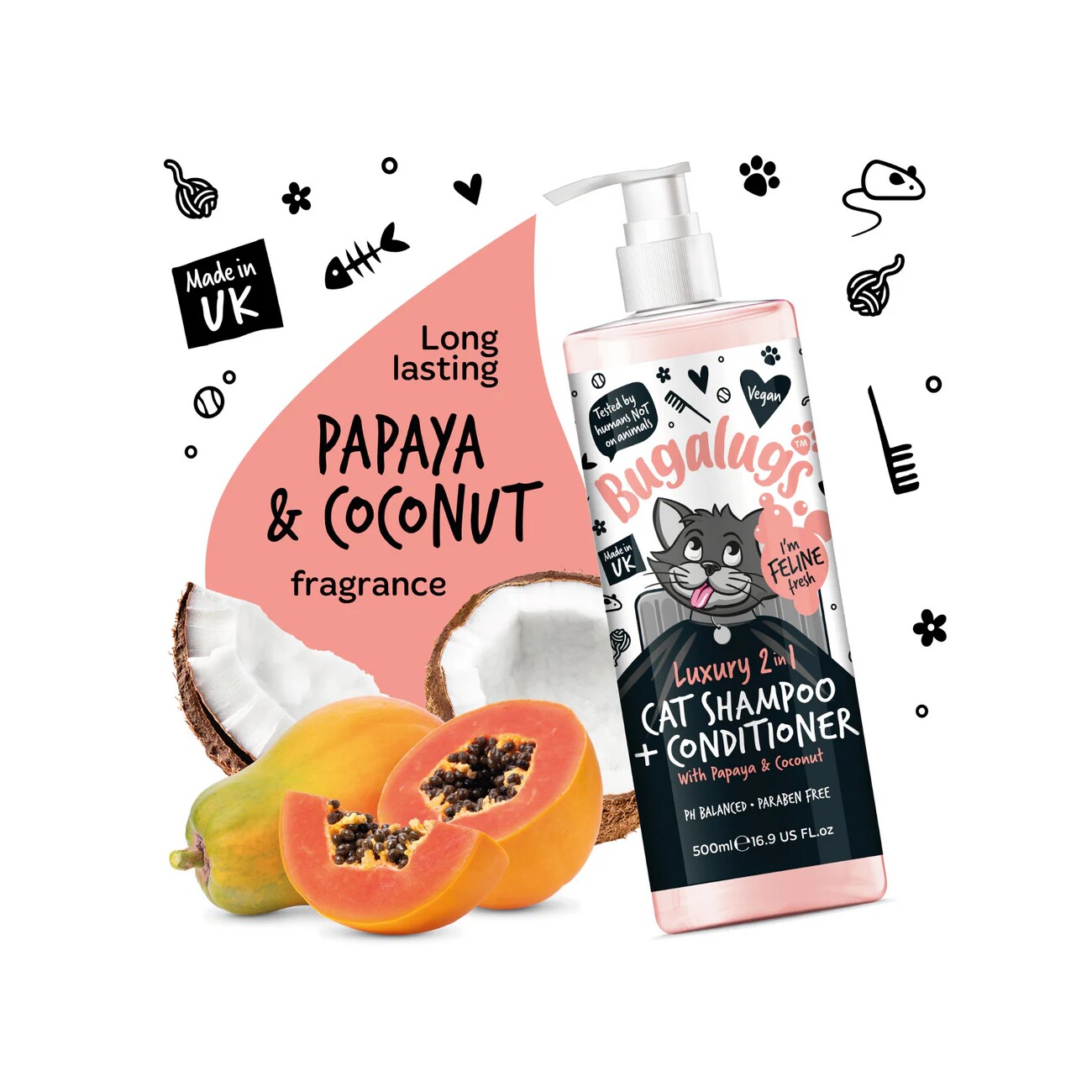 Bugalugs Katzenshampoo Kokos & Papaya – Tropisch duftendes 2-in-1 Shampoo & Conditioner für Katzen
