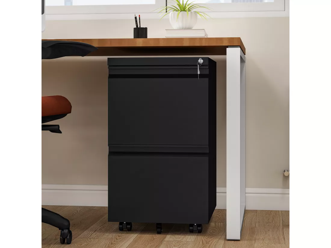 2 Tiroirs Caisson de Bureau - Métal Caisson - Meuble de Bureau avec roulettes pour Dossiers Suspendus - Noir - 51 x 39 x 71cm