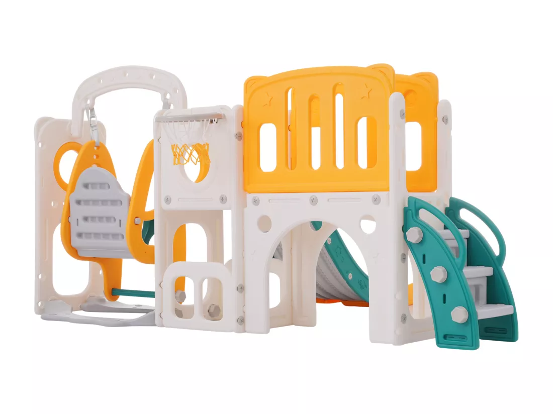 Toboggan 7 en 1 pour enfant, avec balançoire, plate-forme, zone de rangement, arcade, panier de basket, escalier, PEHD, vert+jaune