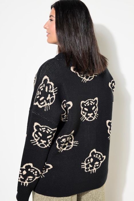 Strickjacke, oversized, Leo-Köpfe