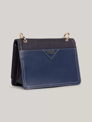 Bolsa de ombro em jeans com fecho giratório
