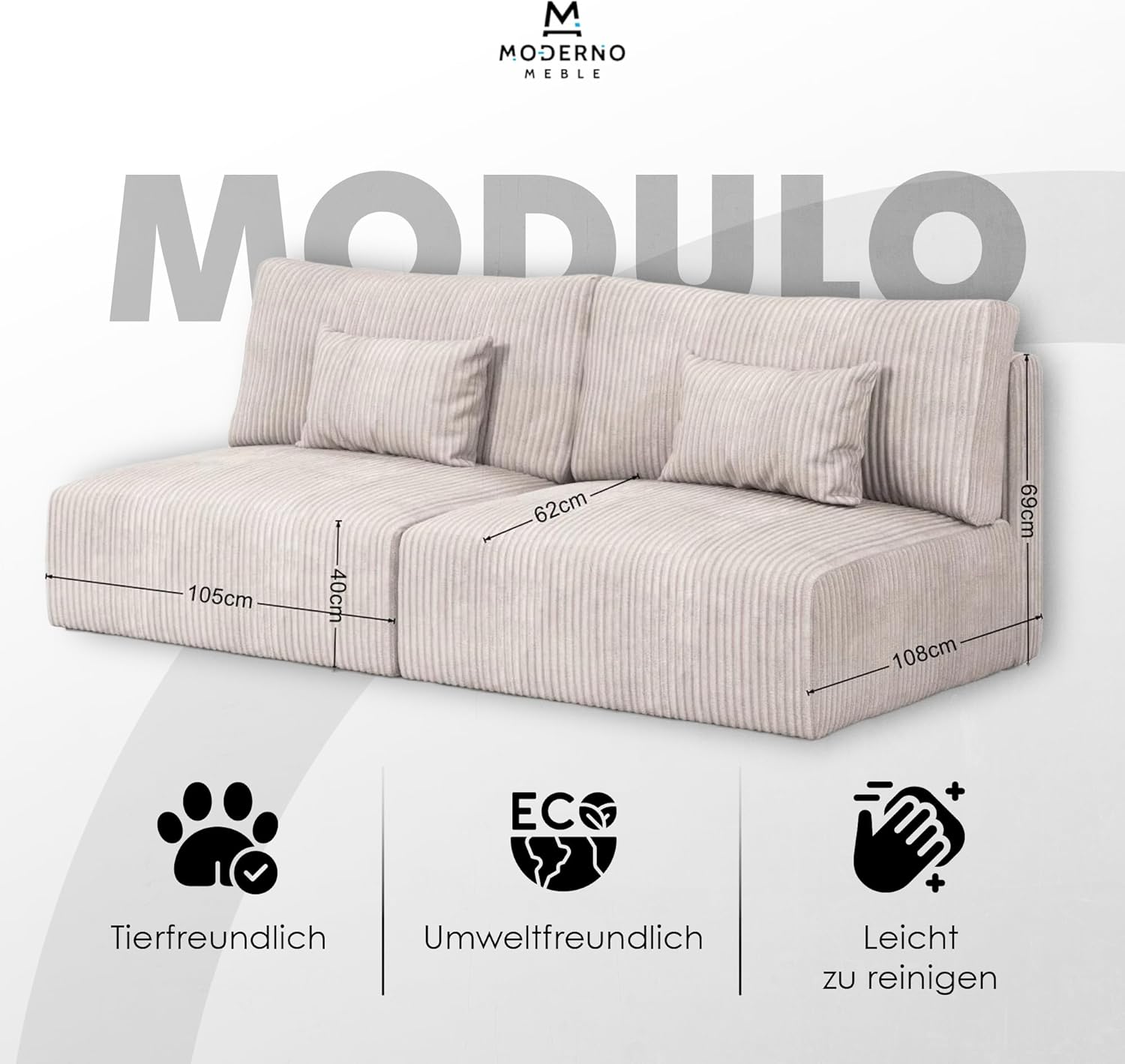 Moderno Sofa mit Schlaffunktion Modulo - Modern Cord Sofa mit 2 Sitzen und Robusten Überzug - Modular Schlafcouch - Couch mit Bettzeugcontainern - 210x80x108 cm - Creme