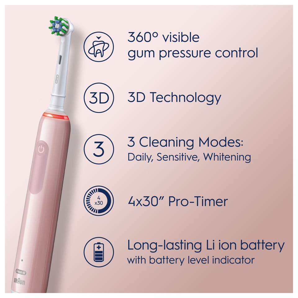 Oral-B - Pro3 Pink Elektrisk Tandbørste + Ekstra CA Børstehoved