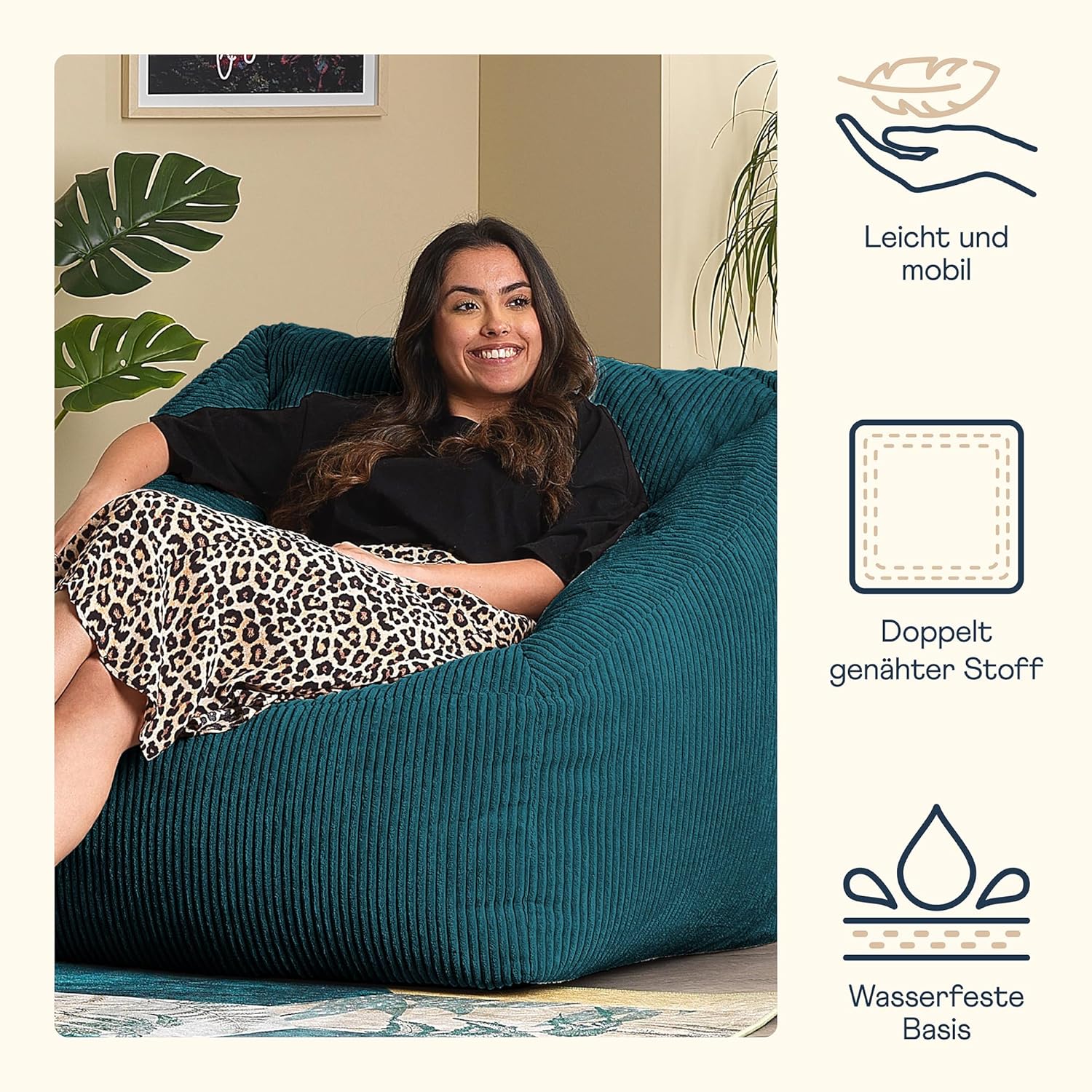 Icon Natalia Sitzsack Sessel für Erwachsene, Blaugrün, Flauschiger Cord Stoff, Riesen Sitzsack Cord mit Füllung, Bean Bag Chair, Bequemer Sessel Wohnzimmer, Lounge, Schlafzimmer, Büro