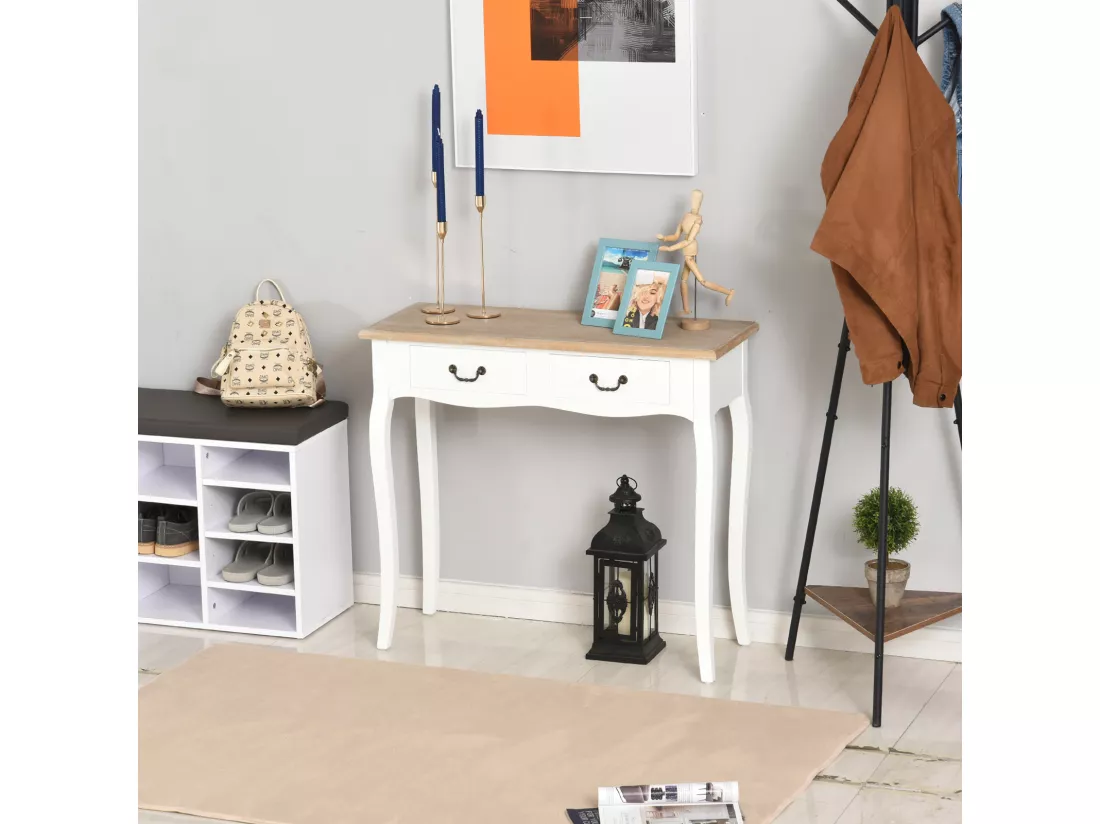 Console style table de drapier style shabby chic 2 tiroirs dim. 87L x 34l x 78H cm MDF bois massif pin clair blanc