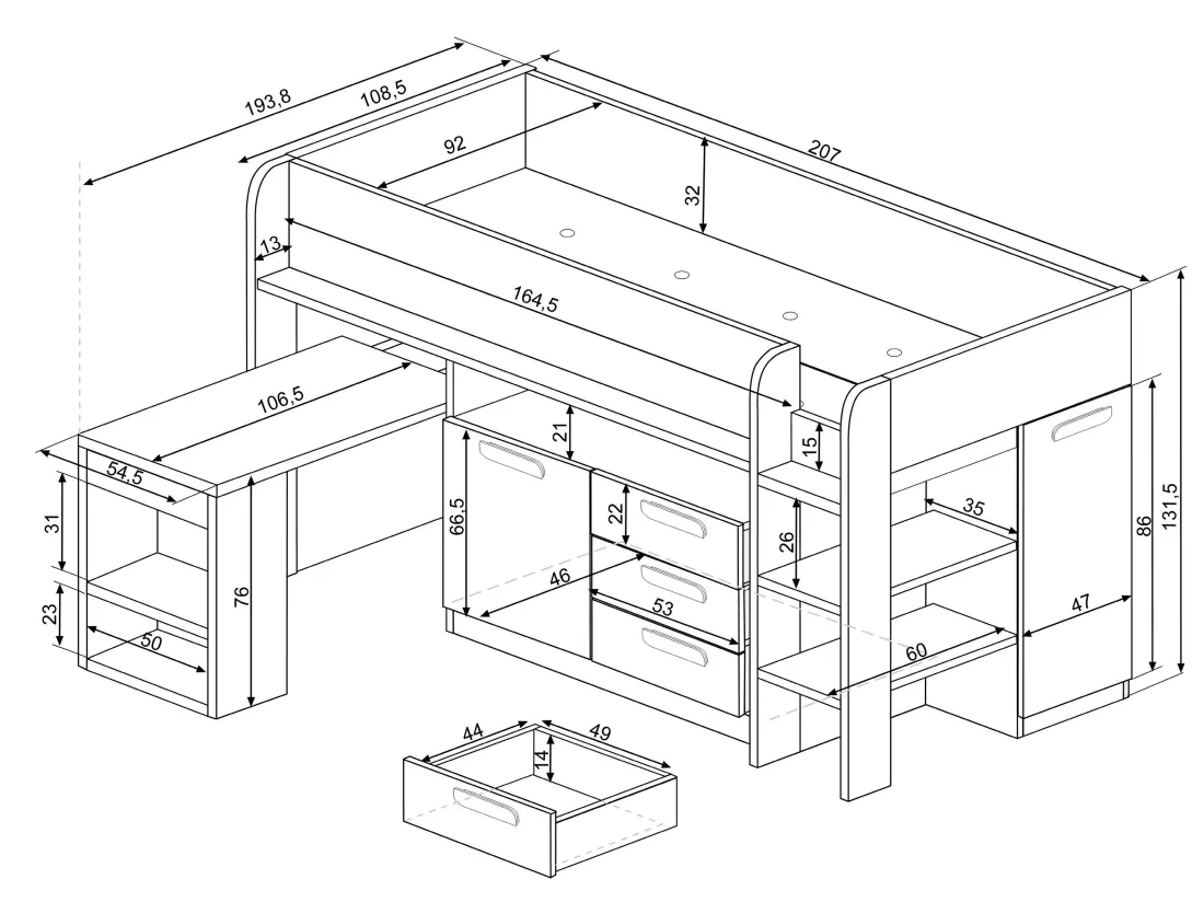 Lit combiné 90 x 200 cm - Avec bureau et rangements - Blanc et naturel + Matelas - LOUKALA