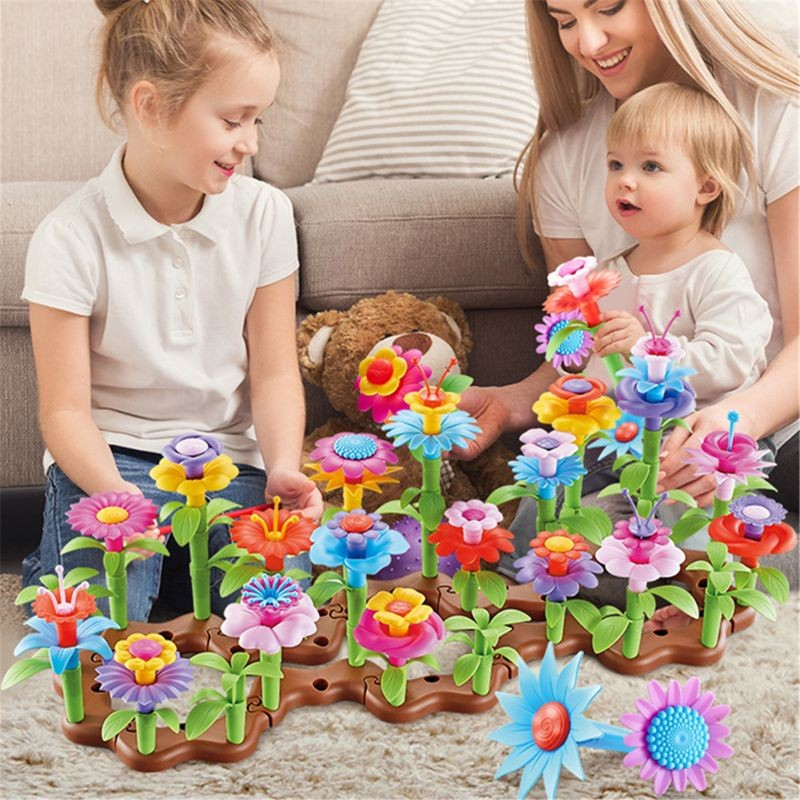 (98-tlg. Set) Kunststoff Steck Blumen Spielzeug Kinder Garten Lern Spiel DIY Steckspielzeug - Bunt